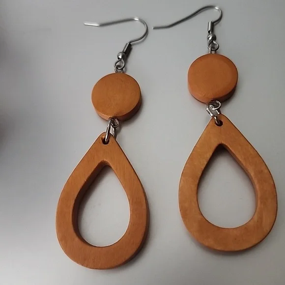Wood disc Dangle Tear Drop cut out Boho Earrings 925S Sterling Posts - Picture 2 of 5